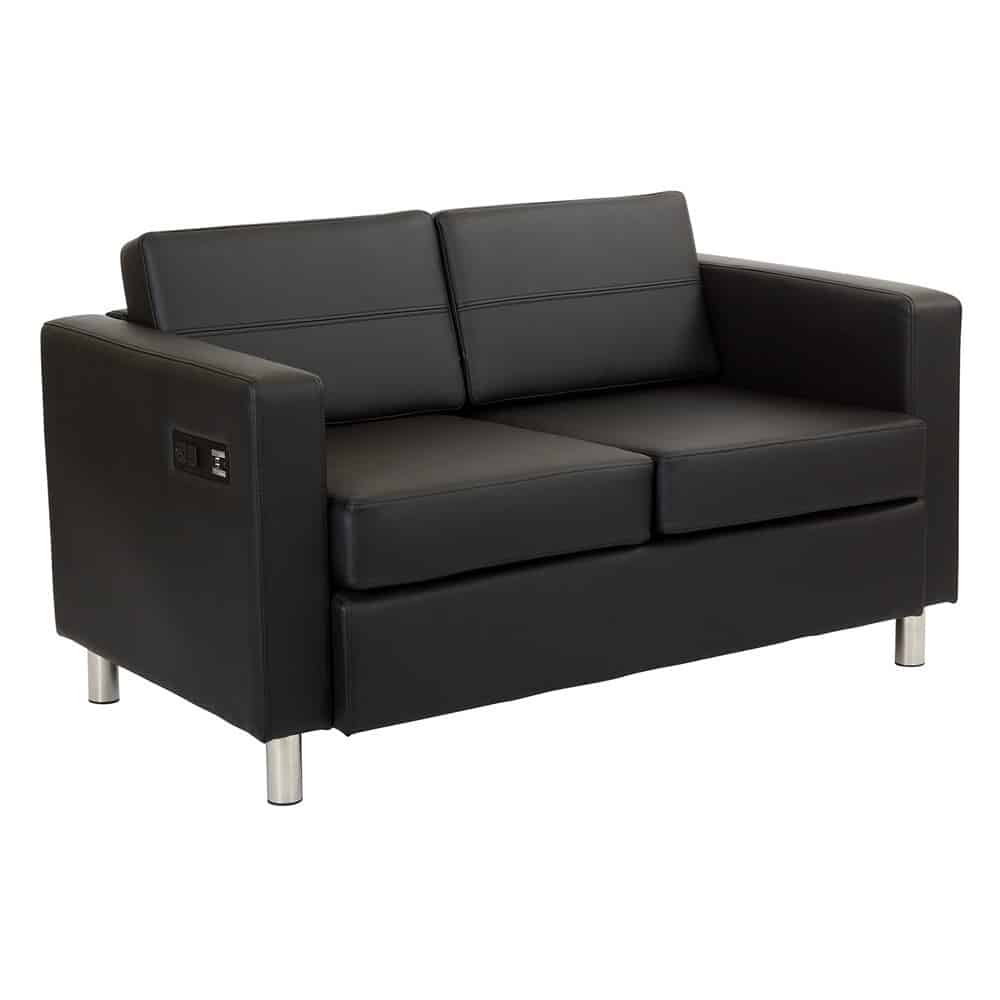 Spark Charging Black Loveseat rental in Austin with built-in USB charging for weddings, parties, and corporate events.