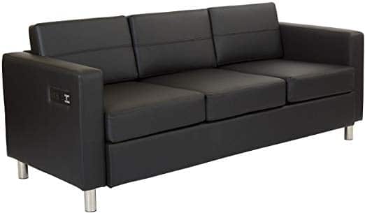 Spark Power Up Black Charging Sofa rental in Austin with built-in charging ports.